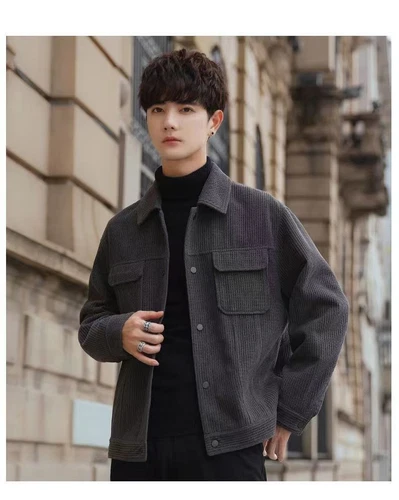 Men’s Corduroy Jacket | Korean Style Casual Spring & Fall Button-Up Coat - Picture 8 of 16