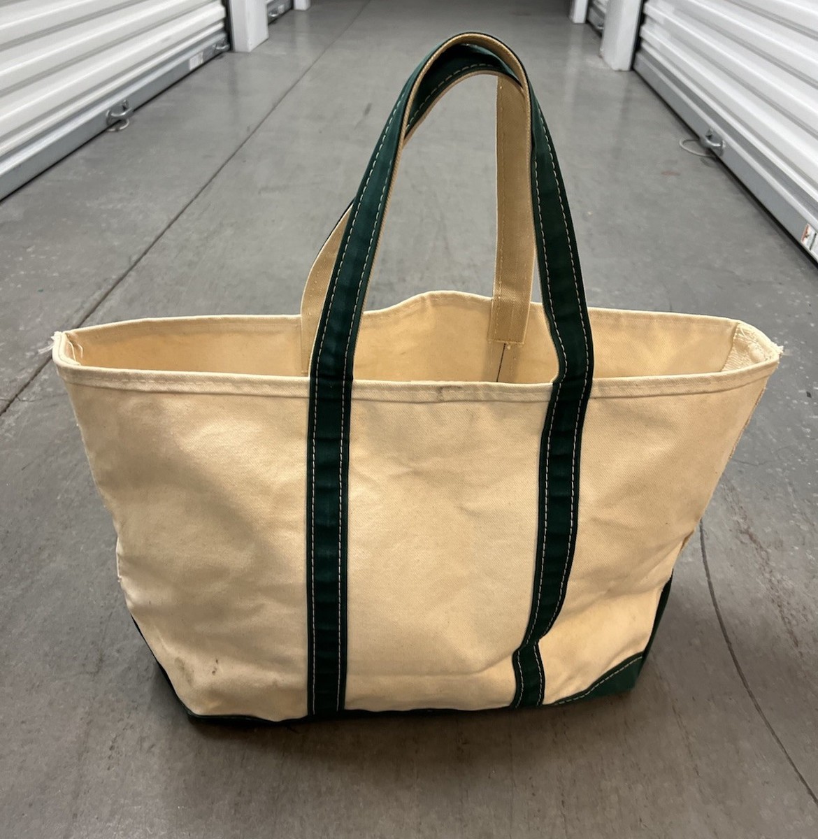 Vintage 80s LL Bean Boat Tote Canvas Bag Medium -Green & White