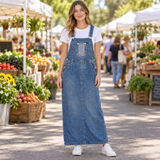 Vtg 90s Y2K Express Denim Overalls Dress Sz L Blue Carpenter Jumper Cottage Core