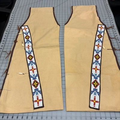 Beautiful American Indian Indigeneous Native-Style Beaded Tan Wool Leggings - Photo 1/4