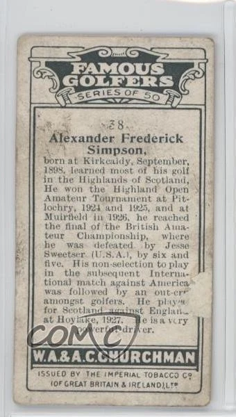 1927 Churchman's Famous Golfers Tobacco Small Alexander Frederick Simpson #38 - Image 2 of 2