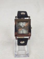 EUC Coach Curved Tank Watch Silver Tone Rectangle Unisex Black Leather - Works