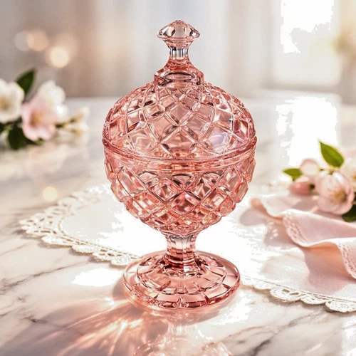 Vintage Pink Depression Glass Pedestal Candy Dish w Lid Diamond Pattern 5''