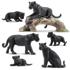 7PCS Black Panthers Figurines with Panther Cub and Tree Trunk, Realistic Jung...