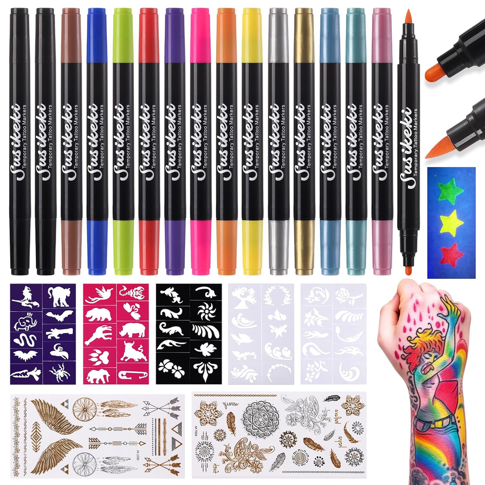 Temporary Tattoo Markers for Skin, 15 Dual Tip Fake Tattoo Pens