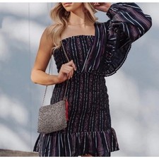 Farm Rio Lurex Stripes Mini Dress Black Metallic One Shoulder Sz Medium