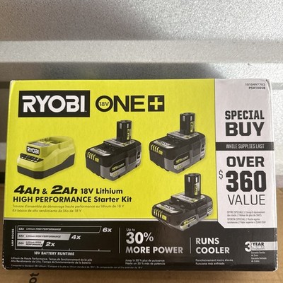 Ryobi 18V HIGH PERFORMANCE Starter Kit 2 AH Battery, (2) 4 AH Battery +Charger