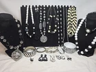 Vtg Now Blk White Mixed Bulk Costume Jewelry Lot Necklaces Bracelet Earring 1038