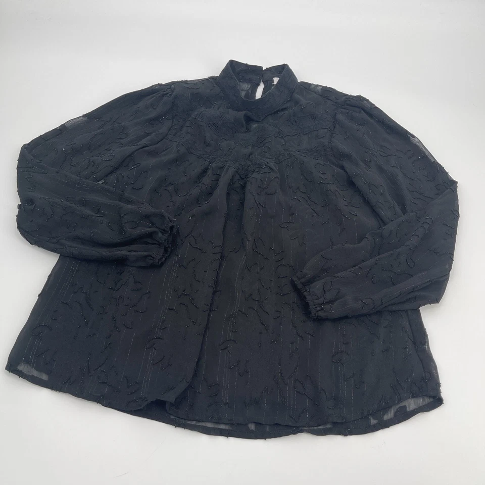 Blusa de sombra de ojos para mujer XS negra bordada metálica brillante informal cuello alto Foto 2 de 4