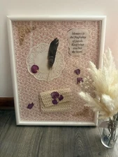 Vintage Mixed Media Framed Artwork “Memory” – Lace, Doily, Flower & Feather Coll