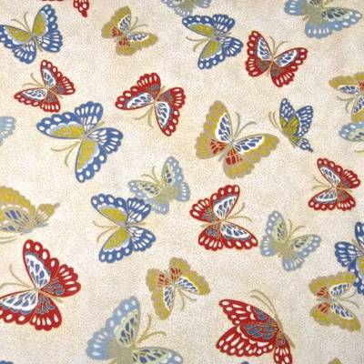 Butterflies, Red, Blue, & Metallic Gold on Ivory, Cotton Fabric by Red Rooster