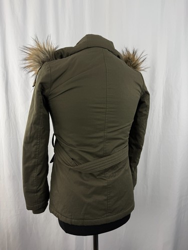 Womens Miss Selfridges Coat parka Petite Faux Fur Hooded Green Cotton Size 8 - Picture 15 of 22