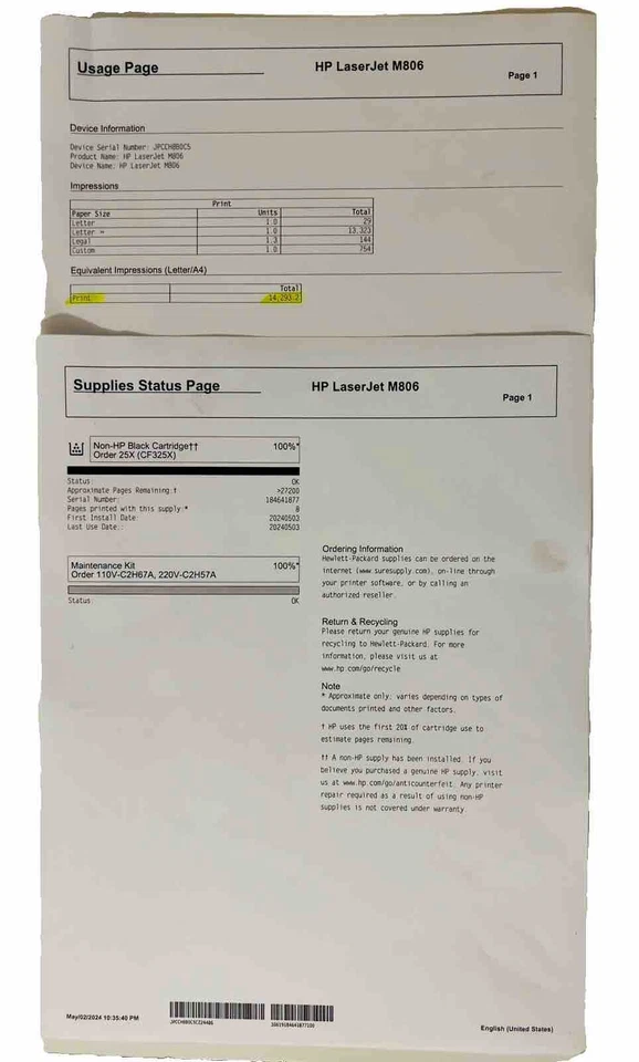 Impresora de grupo de trabajo empresarial HP M806dn LaserJet SOLO 14,3 k páginas con tóner nuevo Foto 2 de 4