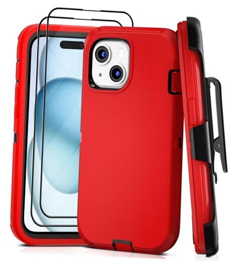 for Case with Belt Clip and 2 Pack Screen Protector - iPhone 15 RedBlack+Clip