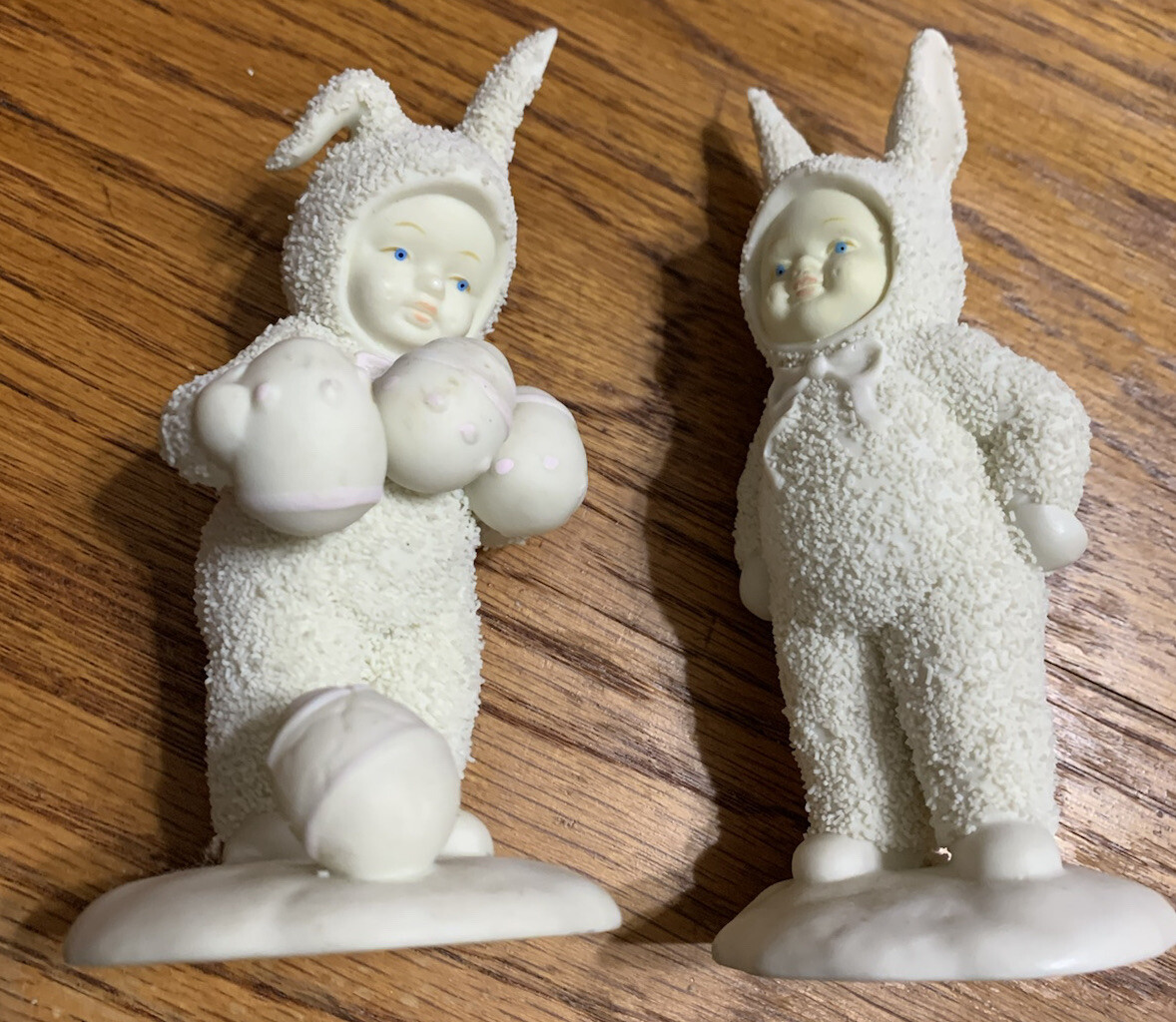 SNOW-BUNNIES BABIES Lot of 2 Figurines w/ Easter Eggs Blue Eyed