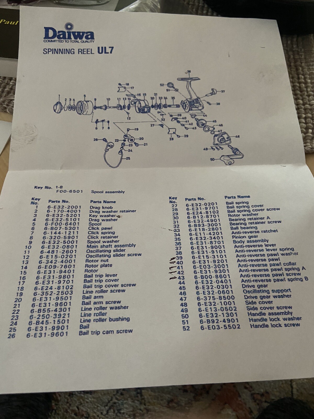 DAIWA UL7 SPINNING REEL SIDE COVER AND SCREWS NUMBERS 48 &49 ON SCHEMATIC