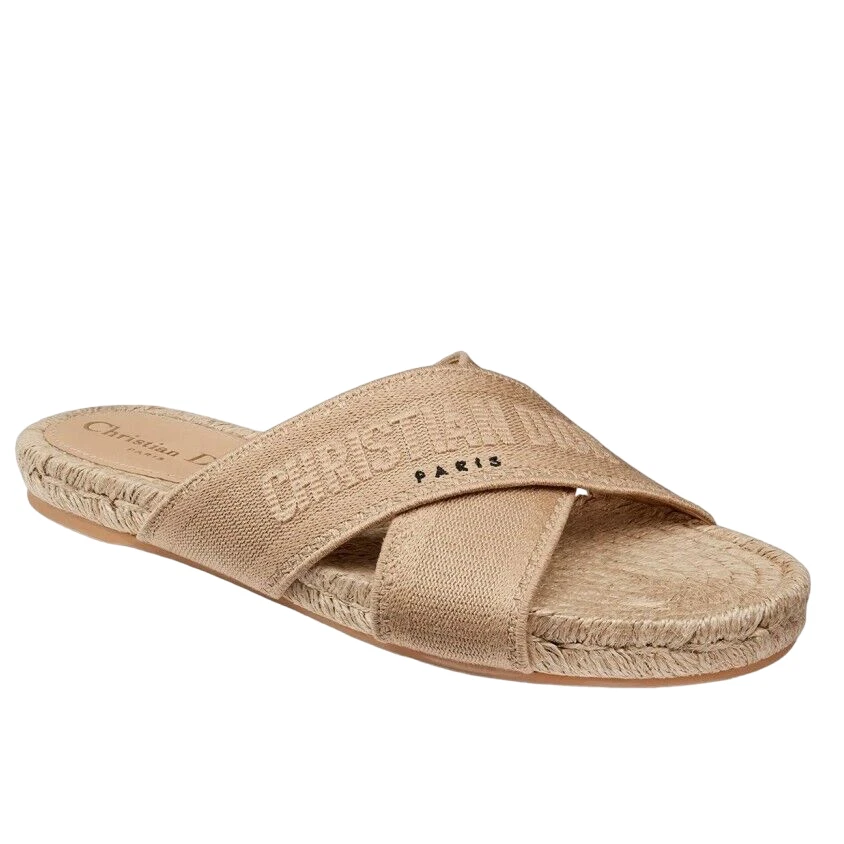 Christian Dior Granville Dway Gold Beige Espadrille Logo Slide Flat Sandal 35