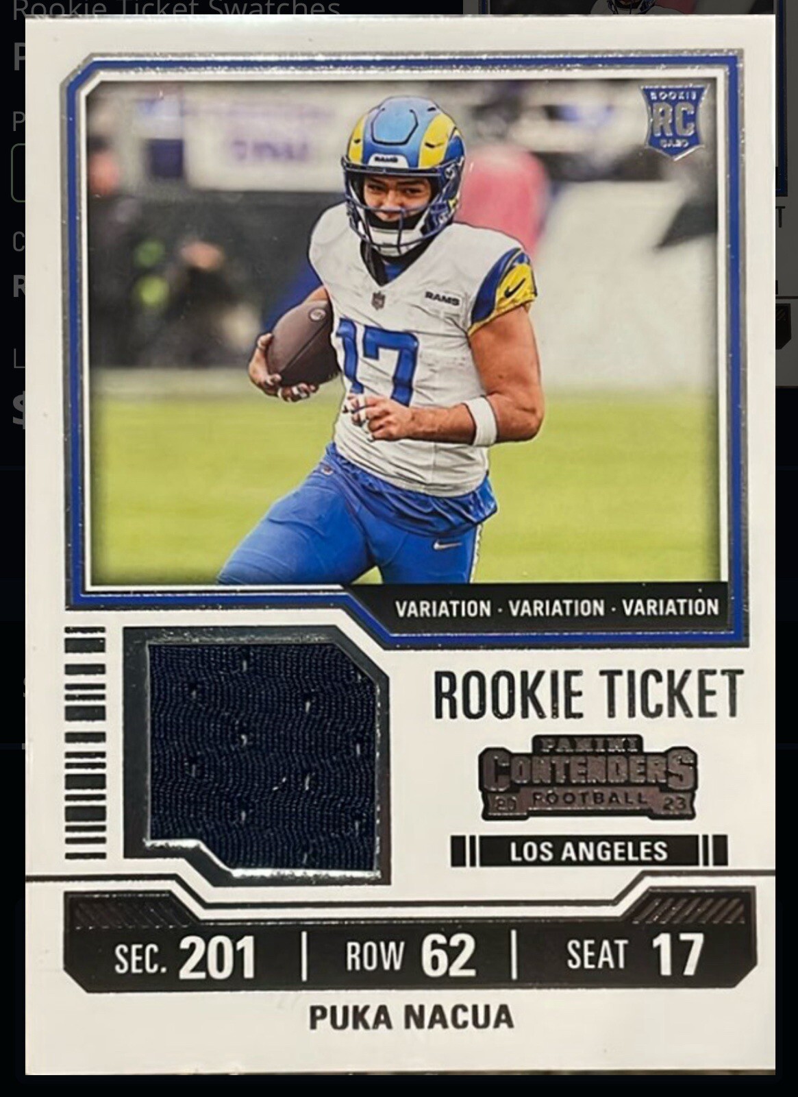 2023 Panini Contenders - Rookie Ticket Swatches #TS13V Puka Nacua (MEM, RC)