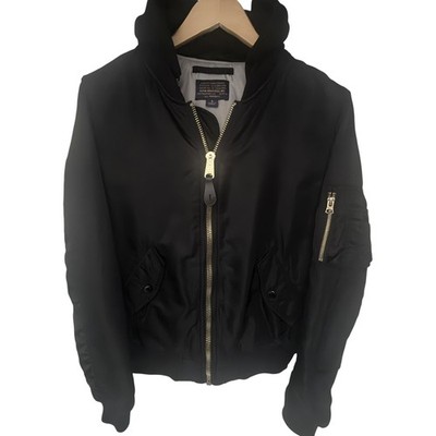 Alpha Industries Black Hooded Bomber Flight Jacket Men's S Gold Zip
