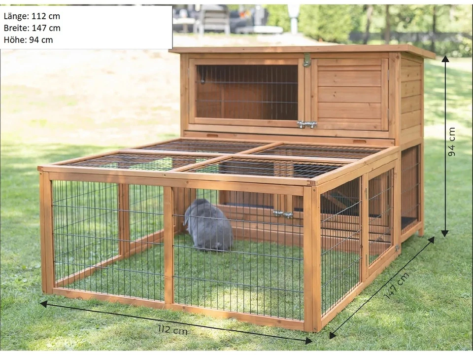 Kaninchenstall Hasen Stall Freilauf Käfig mit großzügigem Auslauf und Schutzhaus - Bild 2 von 2