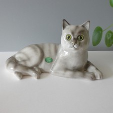 Vintage Large Cat Figurine Grey Tabby Nelson Staffordshire Green Glass Eyes