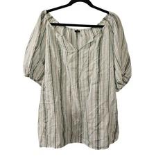 Talbots 100% Linen Striped Peasant Sleeve VNeck Top Women’s 1X Boho Tunic Blouse