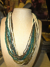 Multi-Strand Glass Seed Bead Necklace Teal White Bronze Tone Lobster Clasp
