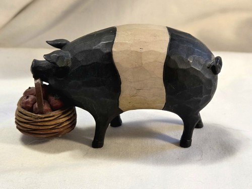 Teresa Kogut Schwein Figur Korb Äpfel Volkskunst schwarz-weiß Land Bauernhof - Bild 5 von 9