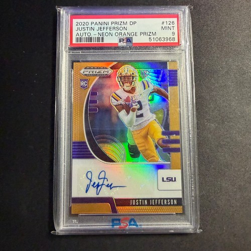 2020 Panini Prizm Draft Picks #126 Justin Jefferson Auto Neon Orange Prizm PSA 9