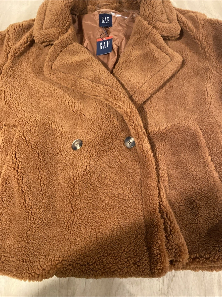 New Gap Sherpa Moto Jacket Women's XL Brown Double Breasted Cropped Teddy Bear - Image 3 of 4