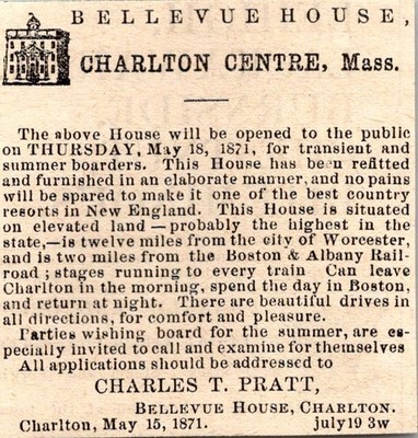 Bellevue House Charles T. Pratt 1871 Worcester MA Clipping TAJ8-S61