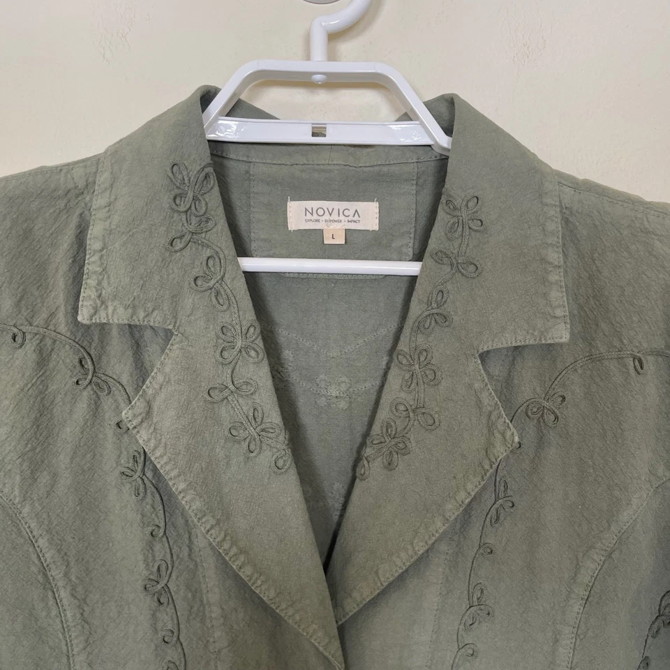 Chaqueta Blazer NOVICA Algodón Bordado L Verde Ejército Perú Boho Arte para Usar Foto 2 de 4