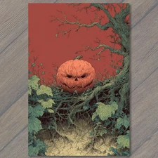 Art Print Angry Pumpkin Hidden Among Roots Creepy Halloween Red Sky