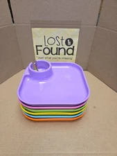 Great Plate 6 Piece 9.5” Square Plates Multi Color Built In Cup Holder Set USA