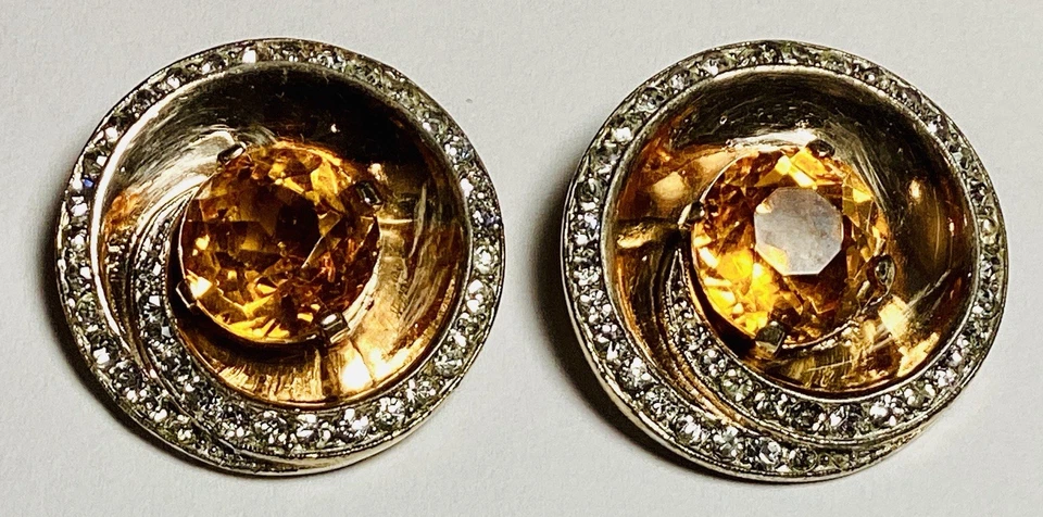 Antique VTG Crown TRIFARI Sterling Silver Signed Topaz &Clear Crystal Shoe Clips - Image 4 of 4