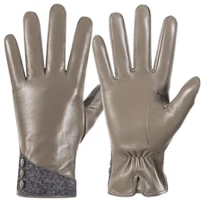 QOF Winter Genuine Leather Gloves for Women, Cashmere Warm Lined Medium Beige