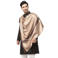 Brown Men's Wool Shawl Lohi Scarf with Woven Border | Warm Winter Wrap 50" x 100