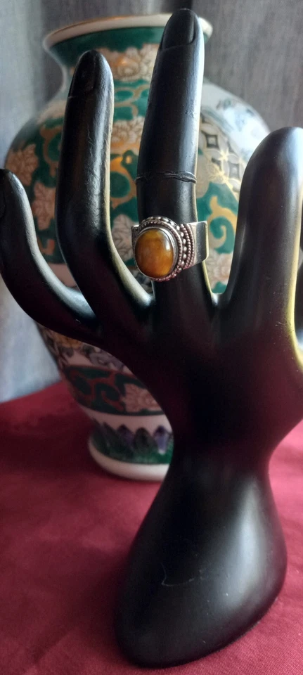 Anillo de diseño de banda ancha 925 vintage tamaño 6,5 con piedra ojo de tigre 11,11 mm de longitud  Foto 2 de 4