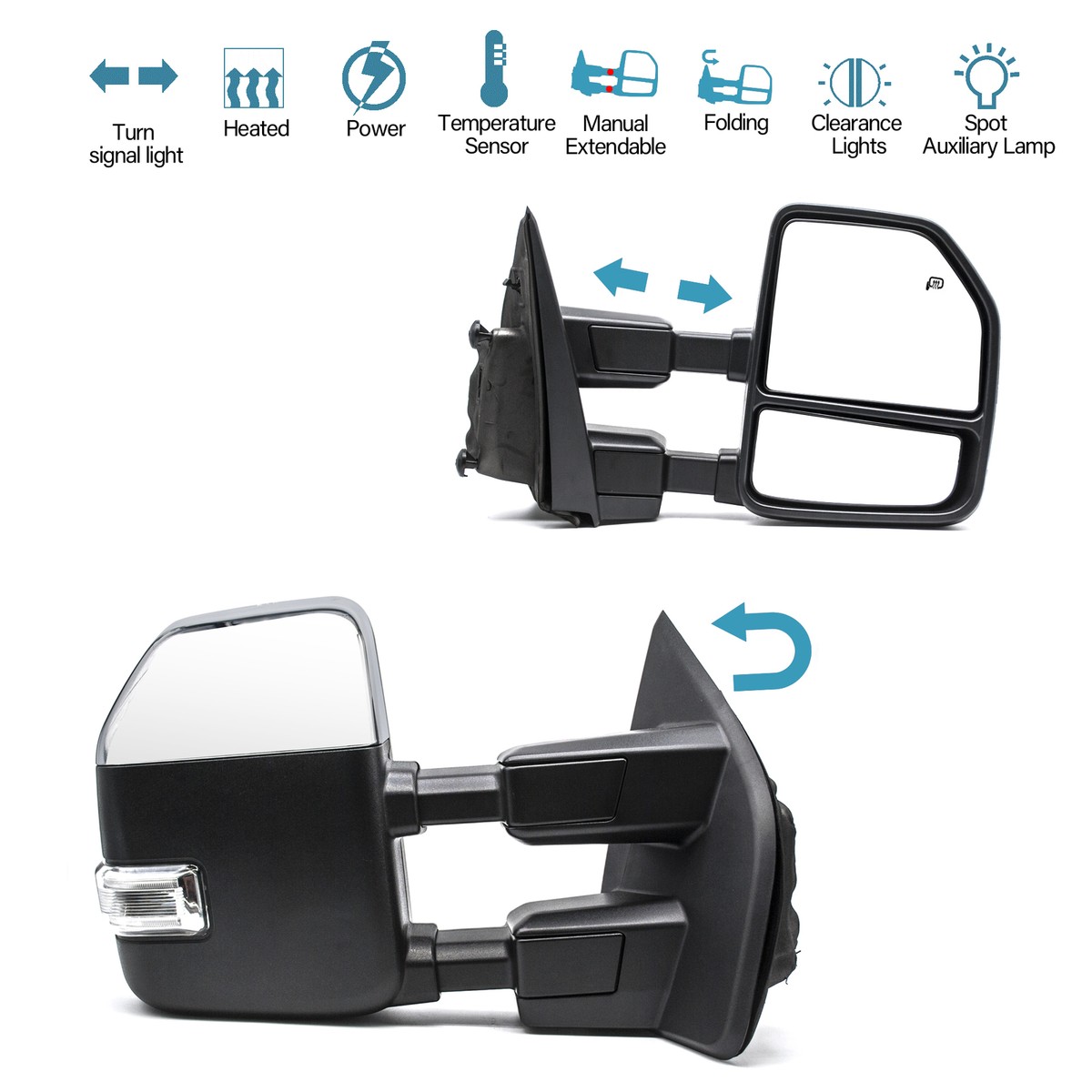 Power Turn Signal Towing Mirrors Fits 17-20 Ford F350/F450 SD Left Right Chrome Power Turn Signal Towing Mirrors Fits 17-20 Ford F350/F450 SD Left Right Chrome