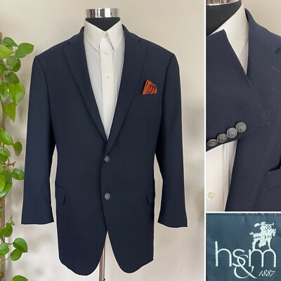 Hart Schaffer Marx Two Button Metal Buttons Blazer Wool Sport Coat Jacket 48R