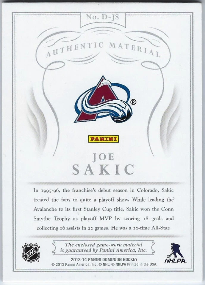2013-14 Panini Dominion Joe Sakic Patch  07/10 - Image 2 of 2