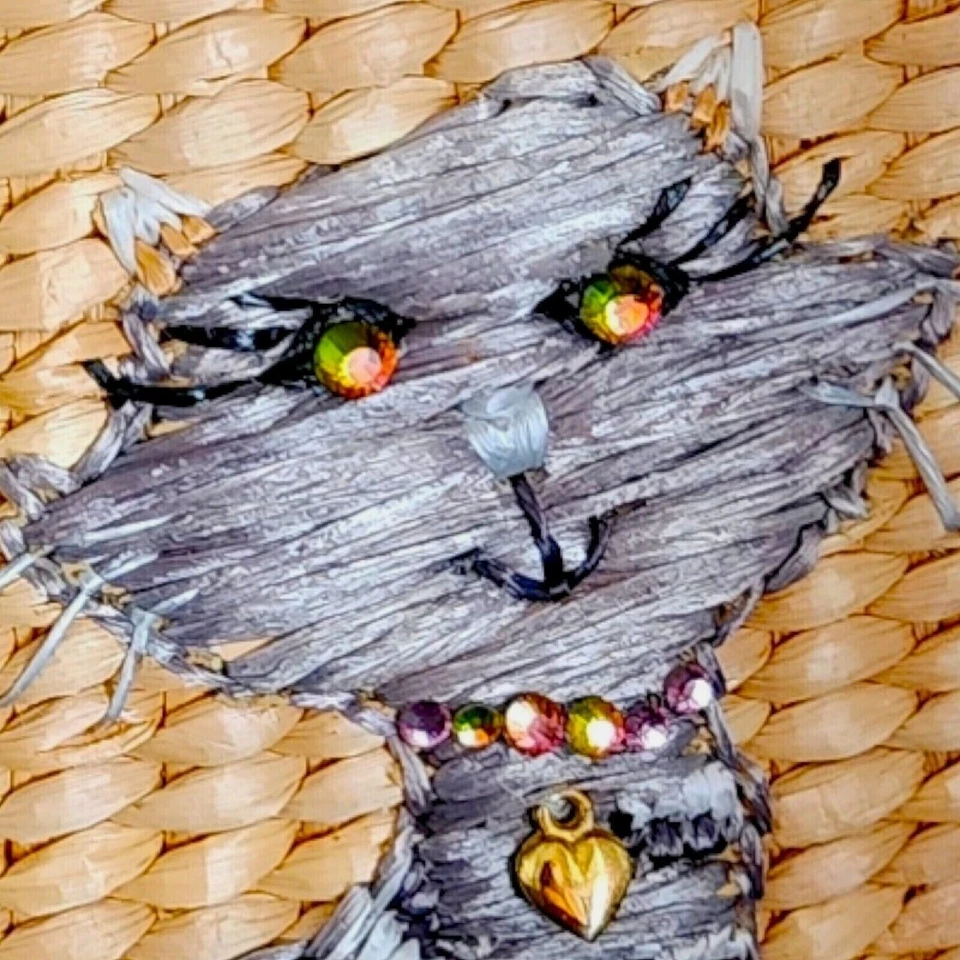 Винтажные кошки соломенная Дамская сумка деревянные ручки стразы глаза сумочки молнии котята Su - Изображение 4 из 4