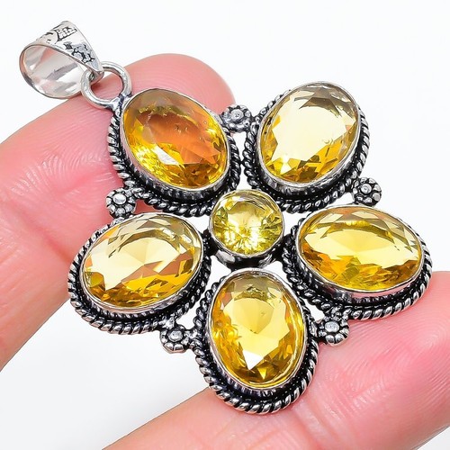 Yellow Citrine Gemstone Handmade 925 Sterling Silver Jewelry Pendant Size 2" - 第 1/1 張圖片