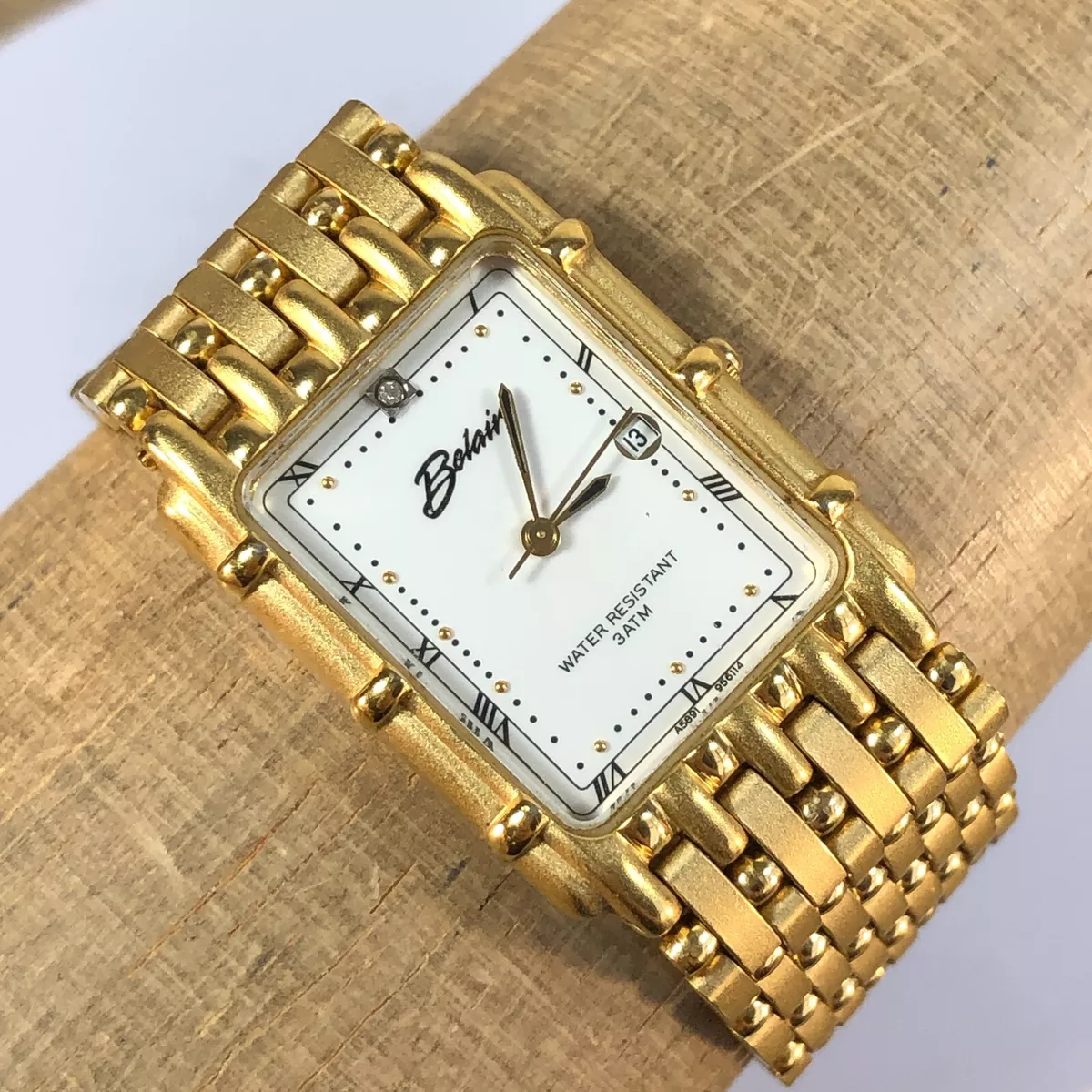 Vintage Belair Mens Gold Tone Dress Bracelet Tank Rectangular Quartz Watch