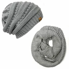 Wrapables Winter Warm Knitted Infinity Scarf and Beanie Hat Set, Light Gray
