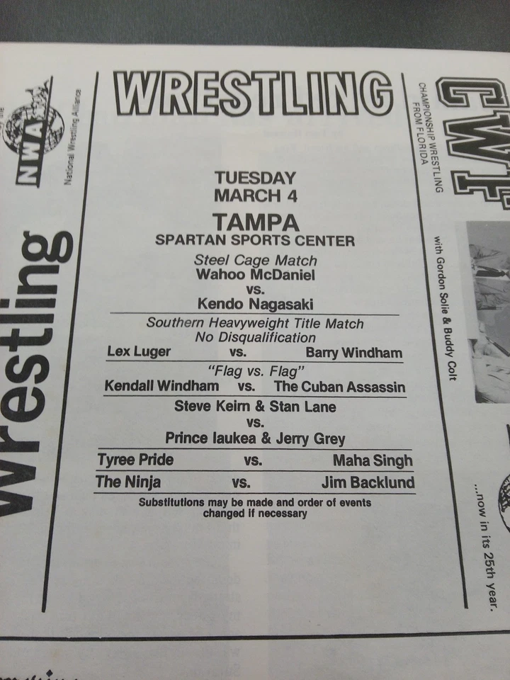 Como Nuevo NWA Campeón Superestrella Graham Assassin Programa de Lucha 1986 Luger McDaniel Foto 3 de 4
