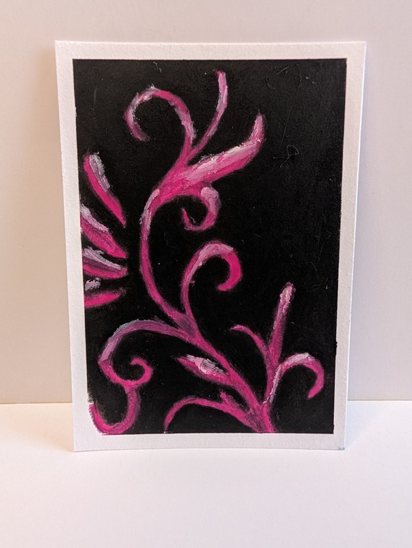 ACEO, Original Art, Fuschia, Vines, Black, Abstract Oil Pastel, Jocelyn_anne_art
