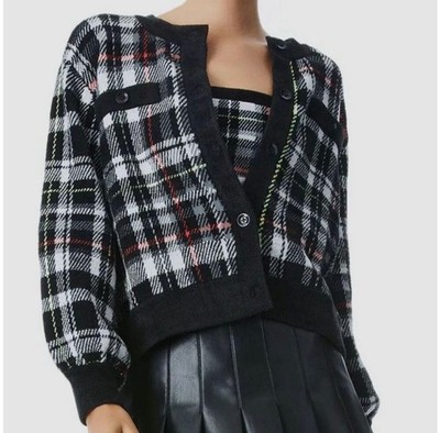 $495 Alice + Olivia Women's Black Plaid Verena Jacquard Cardigan Sweater Sz S