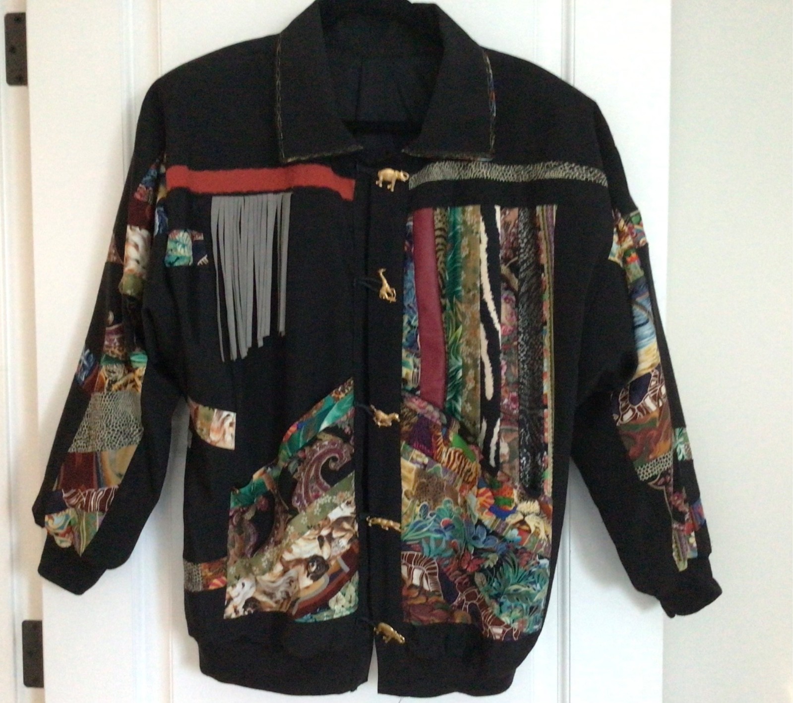 Unique Artsy Jacket Animal Print Patchwork Fringe… - image 1