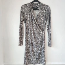 Norma Kamali Grey Leopard Print Faux Wrap Dress Cocktail Career Women's S